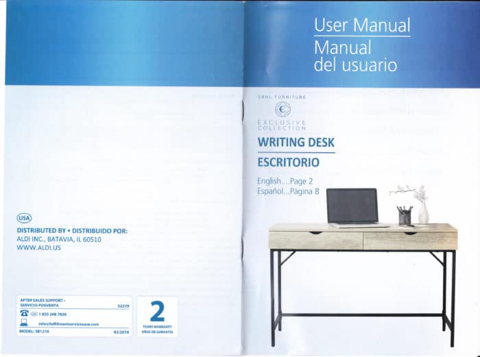 SOHL Furniture Writing Desk Manual - English-Spanish