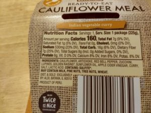 Indian Vegetable Curry Cauliflower Meal Nutrition Info