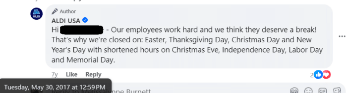 Aldi Memorial Day Facebook Post - 2017