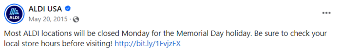 Aldi Memorial Day Facebook Post - 2015