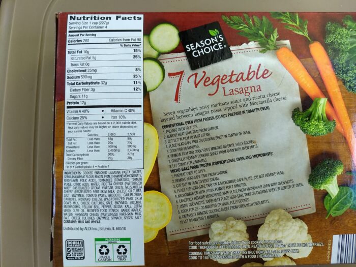 Season's Choice 7 Vegetable Lasagna nutrition and ingredients