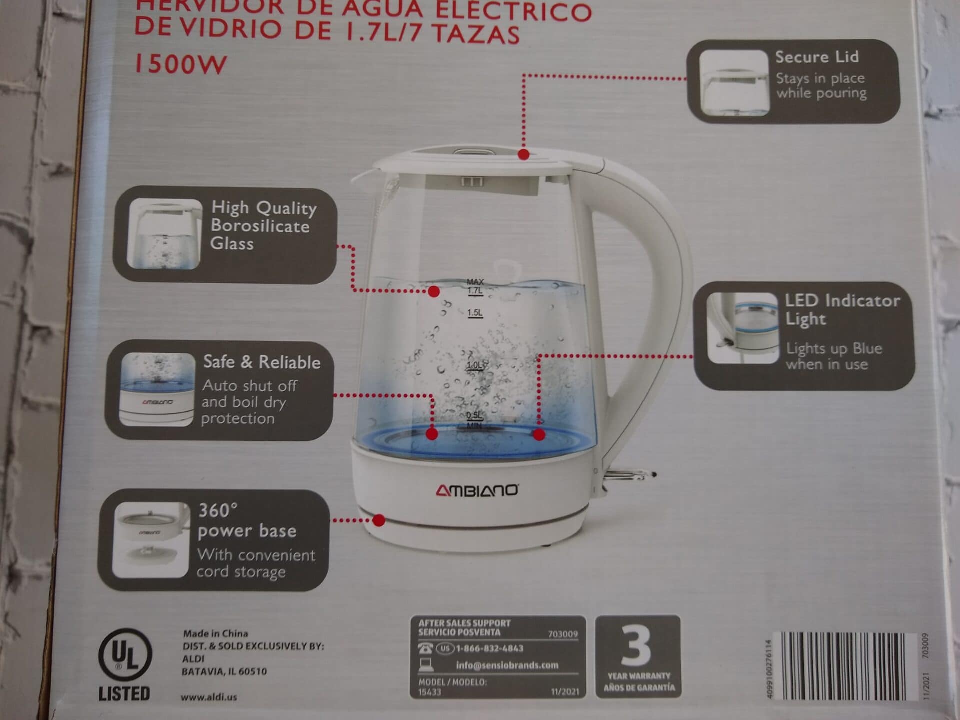 Electric Glass Kettle,Borosilicate Glass,Extra Long Cord,Dry-Boil  Protection