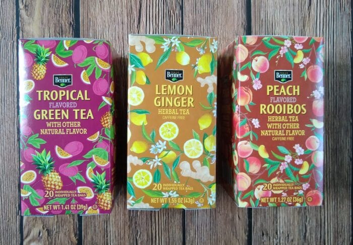 Benner Tropical Green Tea, Lemon Ginger Herbal Tea, and Peach Flavored Rooibos Tea