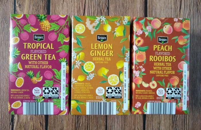 Benner Tropical Flavored Green Tea, Lemon Ginger Herbal Tea, and Peach Flavored Rooibos Tea