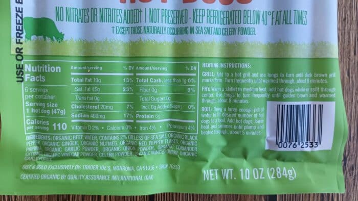 Trader Joe's Organic Uncured Grass Fed Beef Hot Dogs 2
