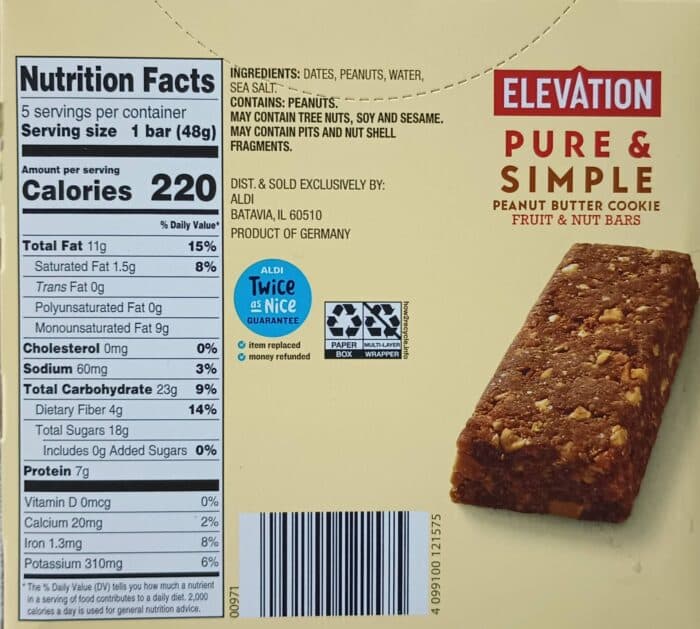 Elevation Pure and Simple Peanut Butter Cookie Fruit and Nut Bars