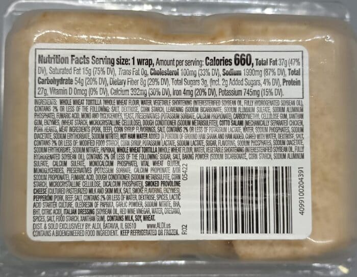 Italian-style wrap: nutrition and ingredients. (Click to enlarge.)