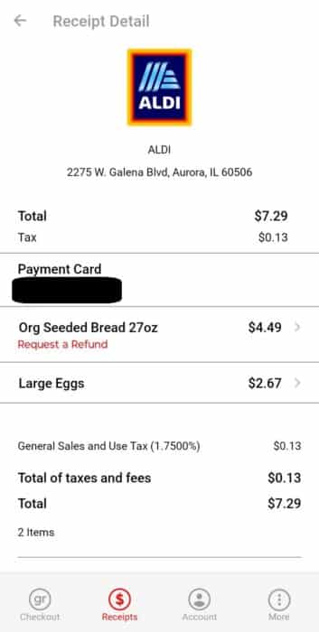 The receipt screen of the Grabango app.