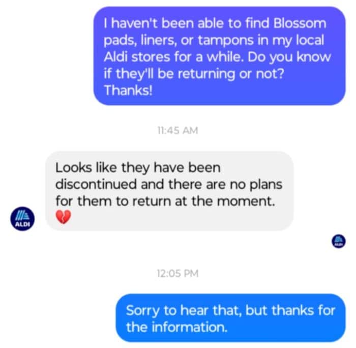 Has Aldi Discontinued Blossom Pads, Liners, and Tampons