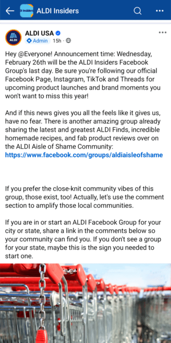 Aldi Insiders Page Shutting Down