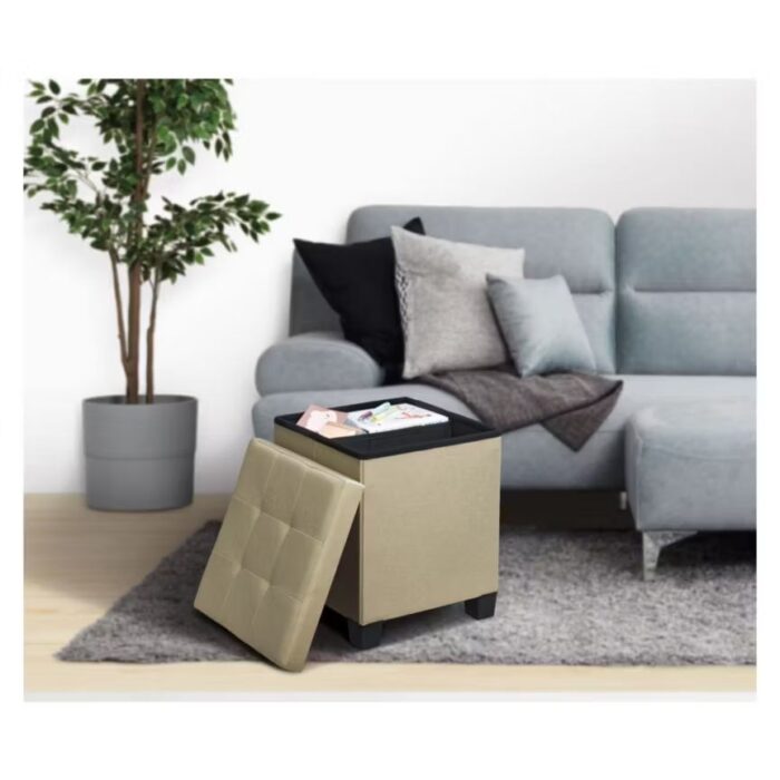 Storage Ottoman with Bin Reversible Lid Beige