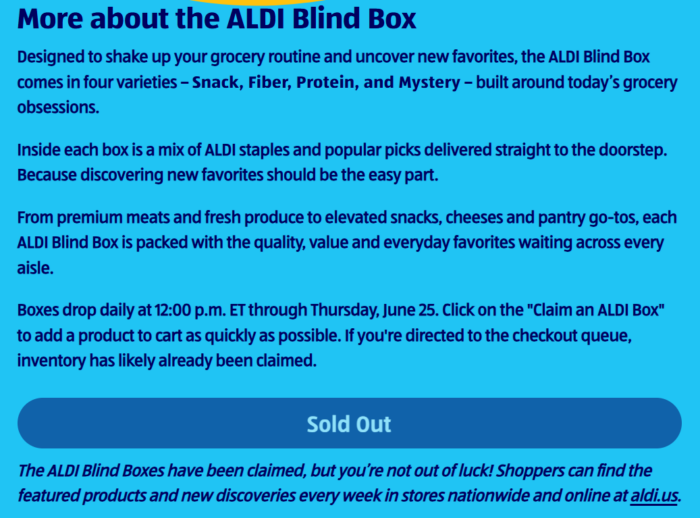 Aldi Blind Box Giveaway Sold Out Screen
